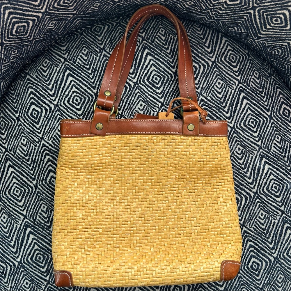 Fossil Yellow Woven Tote with Brown Leather Trim